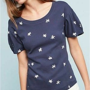 Anthropologie‎ Postmark XS Navy White Jasmine Floral Cotton Top Cap Sleeve